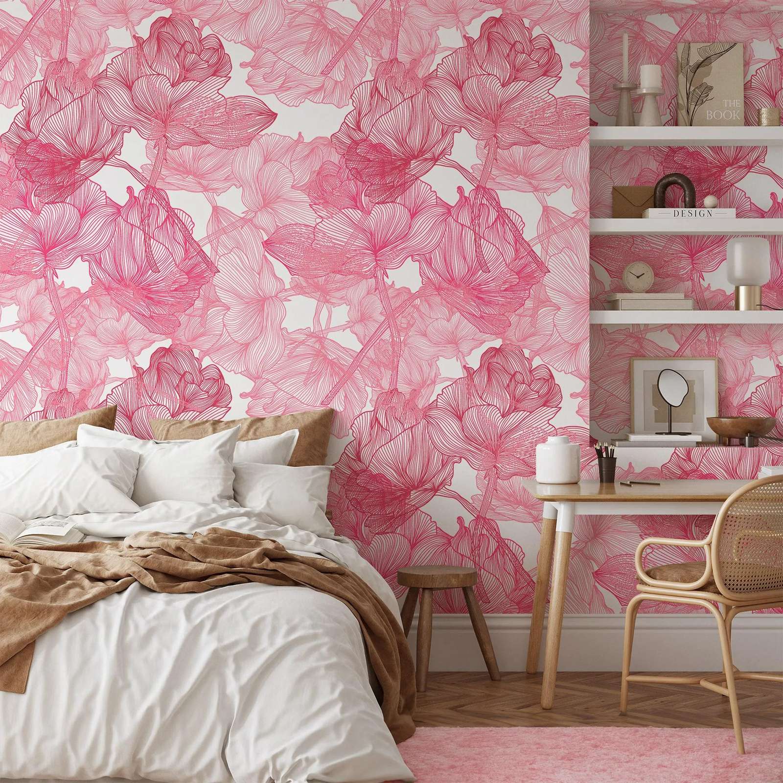 Herbal Wallpaper - Large Pink Roses Line Art Peel