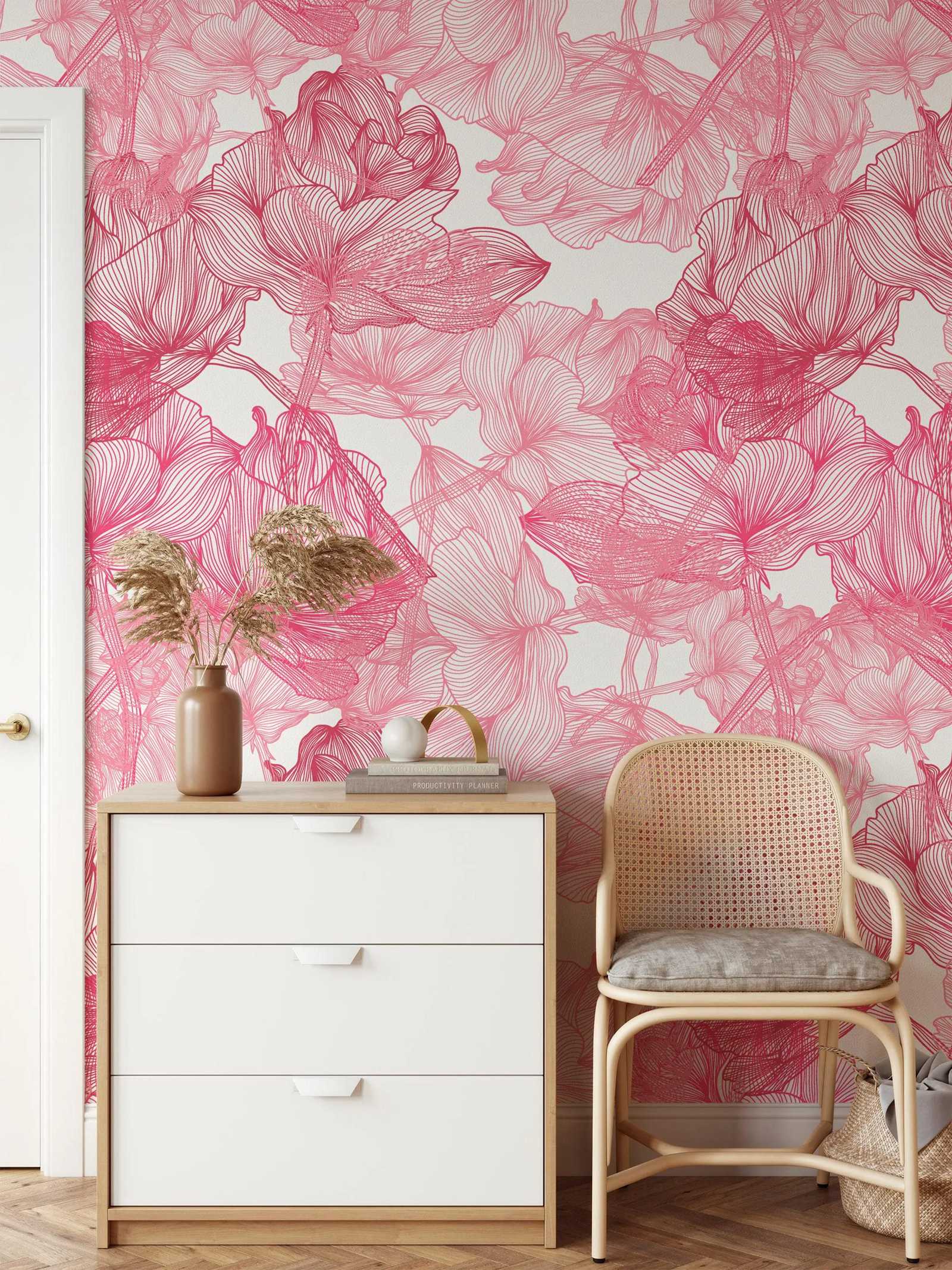 Large Pink Roses Line Art Peel - Herbal Wallpaper ulasan dan harga
