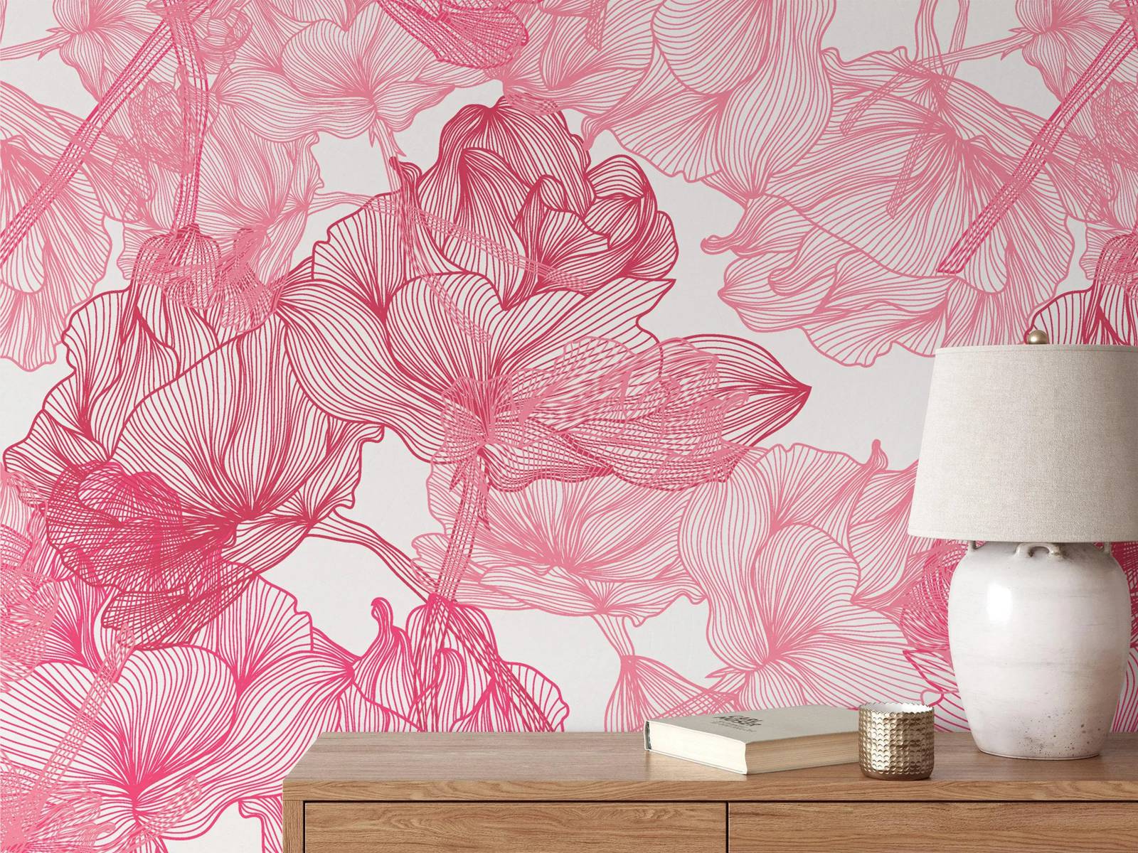 Large Pink Roses Line Art Peel - Herbal Wallpaper ulasan dan harga