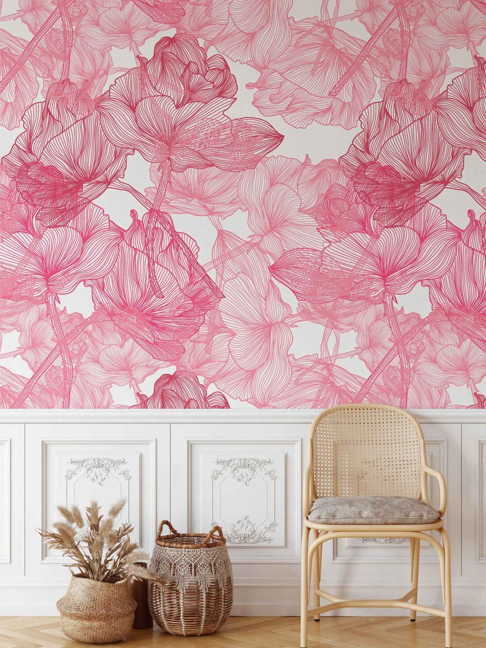 Large Pink Roses Line Art Peel - Herbal Wallpaper ulasan dan harga